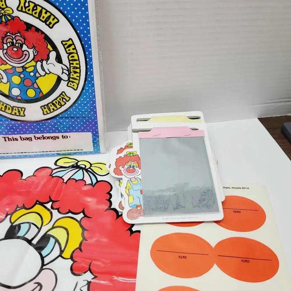 Vtg Circus Clown Carrousel Party Supplies Favors Invitations Loot Bags Games NOS